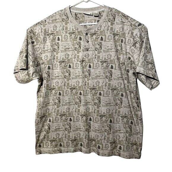 Fieldmaster Mens Short Sleeve Henley Fish Pattern Shirt Beige 2XL 5 FOR $25 💵 - Picture 1 of 7